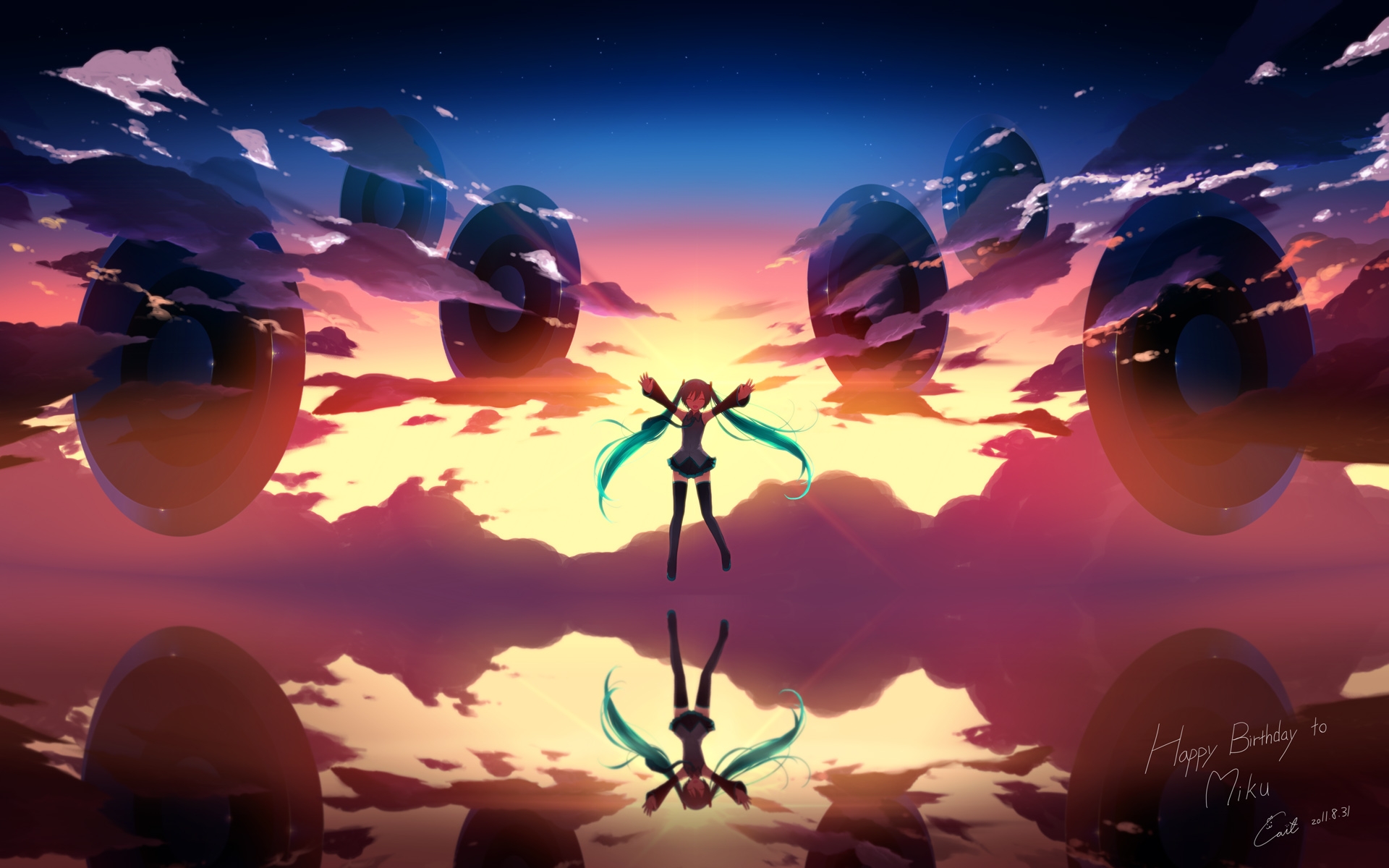 Картинки Hatsune miku, девушка, юбка, небо, облака, волосы, закат фото и обои на рабочий стол