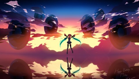 Hatsune miku, девушка, юбка, небо, облака, волосы, закат