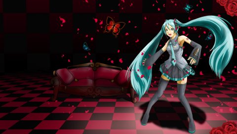 Вокалоид, hatsune miku, девушка, диван, розы, движение
