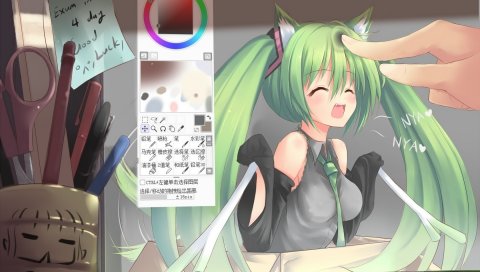 Hatsune miku, вокалоид, монитор, ручка, ножницы