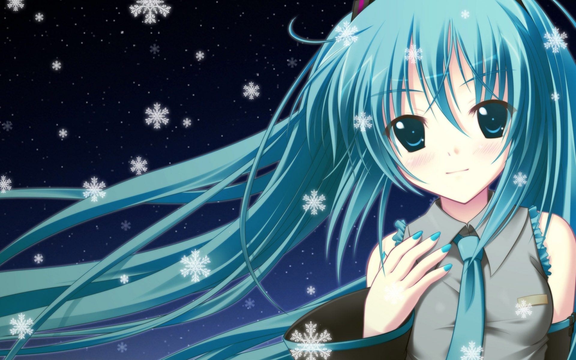 Картинки Hatsune miku, девушка, длинные волосы, румянец, два хвоста, плечи, волосы фото и обои на рабочий стол