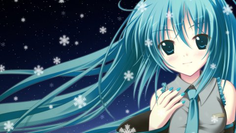 Hatsune miku, девушка, длинные волосы, румянец, два хвоста, плечи, волосы