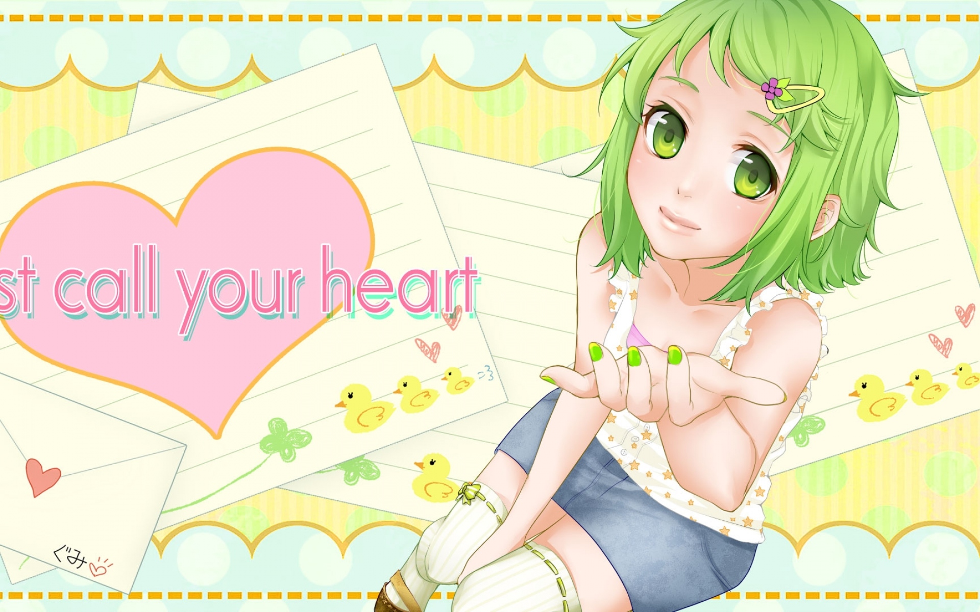 Картинки Гуми, зеленые волосы, надпись, чулки, гвоздь, булавка, сердце фото и обои на рабочий стол