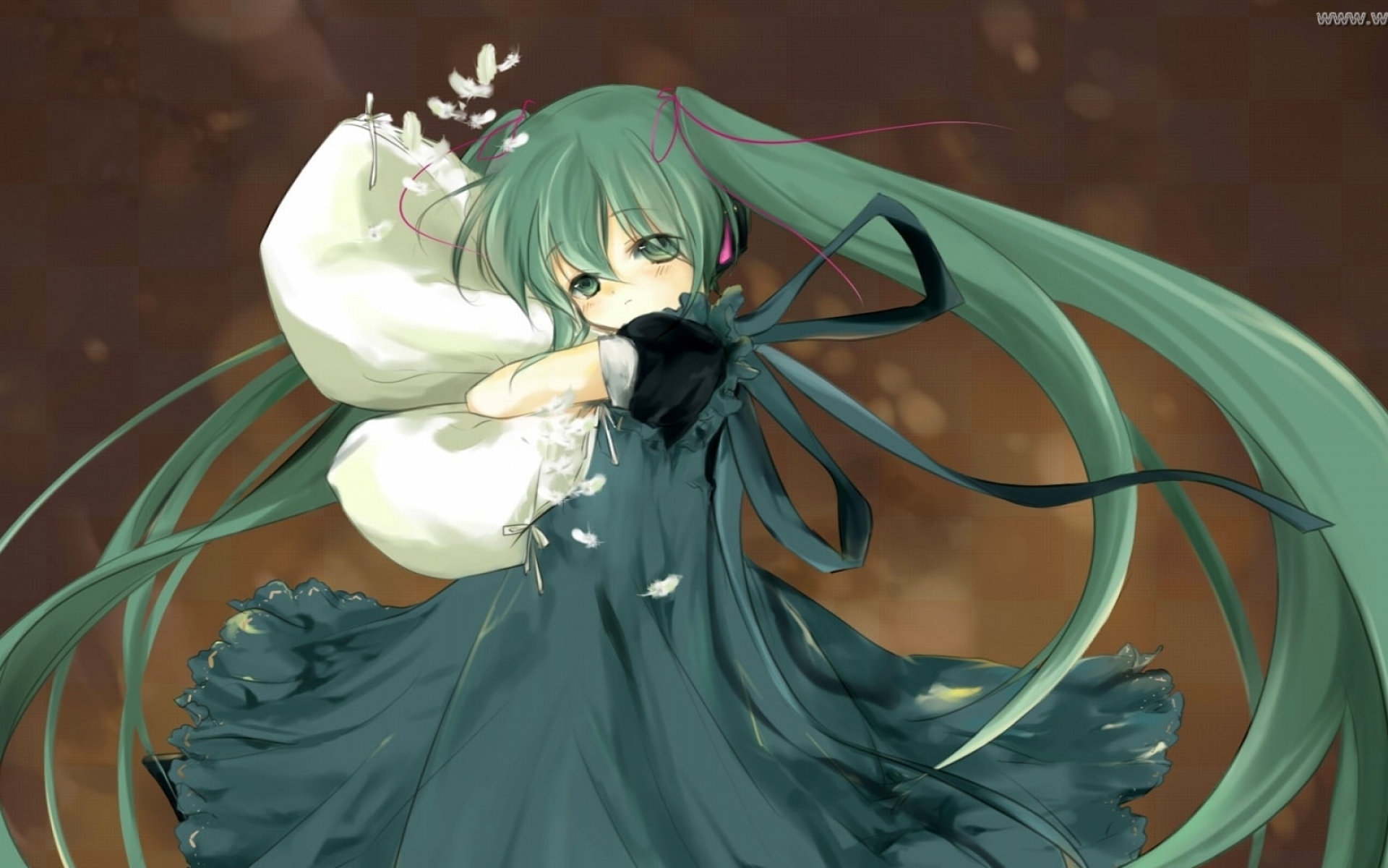 Картинки Hatsune miku, девушка, группы, волосы, перья, будильник, черное платье, печаль фото и обои на рабочий стол