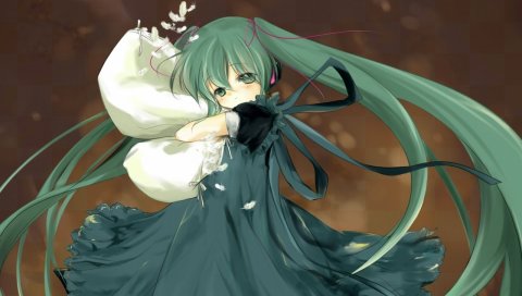 Hatsune miku, девушка, группы, волосы, перья, будильник, черное платье, печаль