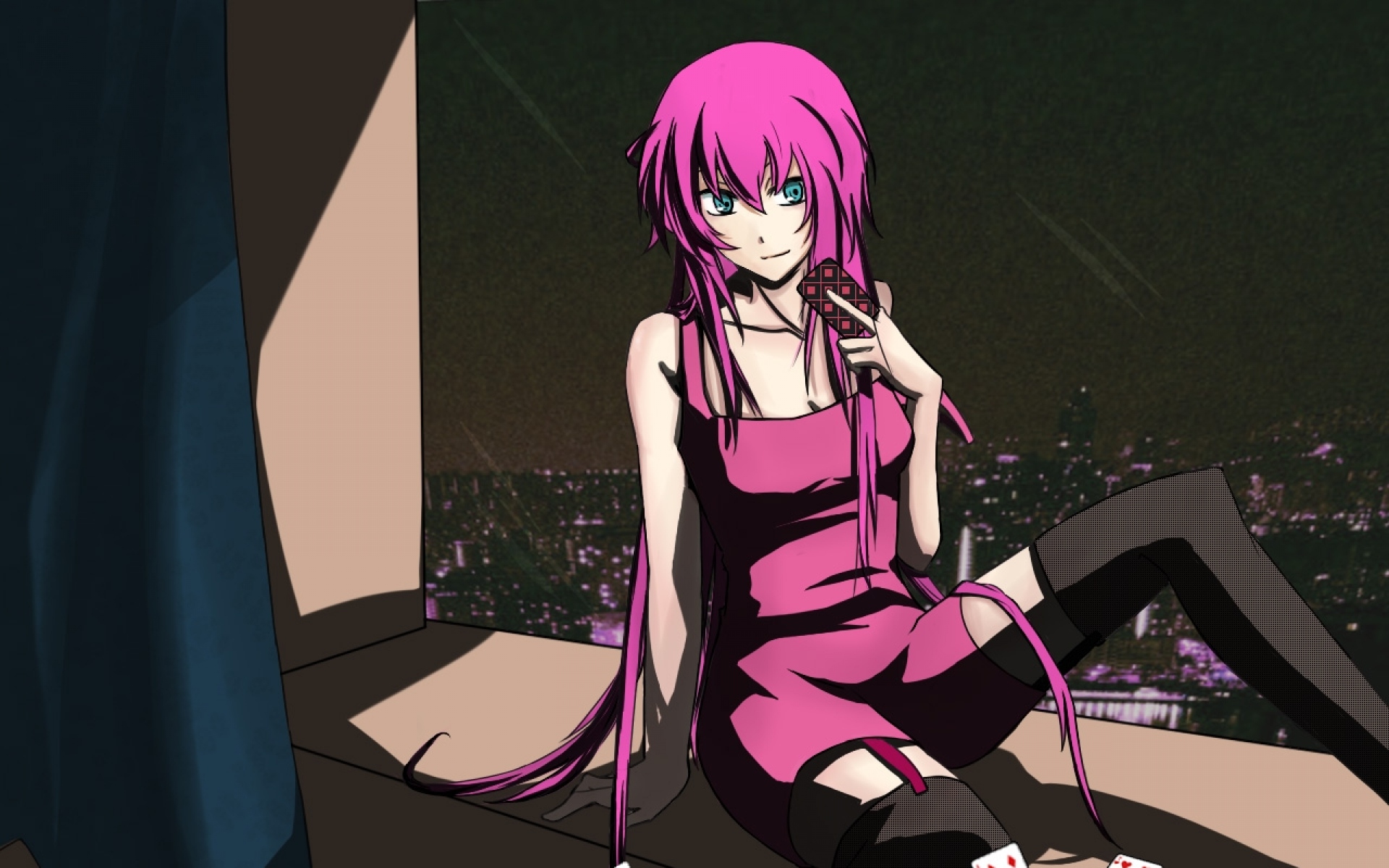 Картинки Megurine luka, длинные волосы, улыбка, розовые волосы, чулки, сидение, город, бахрома, открытки фото и обои на рабочий стол