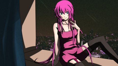 Megurine luka, длинные волосы, улыбка, розовые волосы, чулки, сидение, город, бахрома, открытки