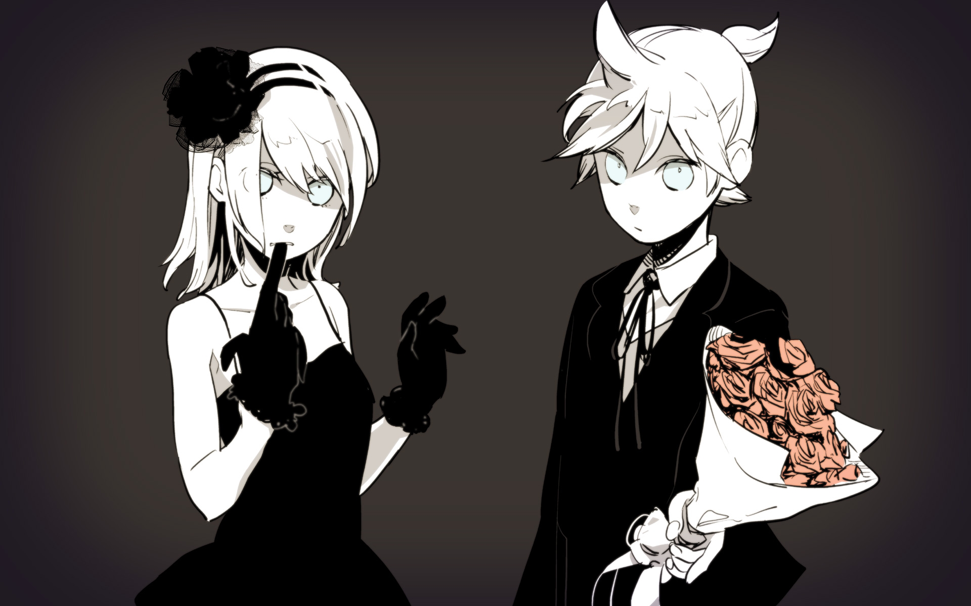 Картинки Kagamine rin, kagamine len, волосы, платье, цветы, одежда, роза фото и обои на рабочий стол