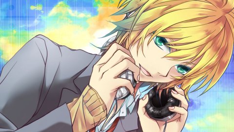 Kagamine len, парень, зелёные глаза, униформа, наушники