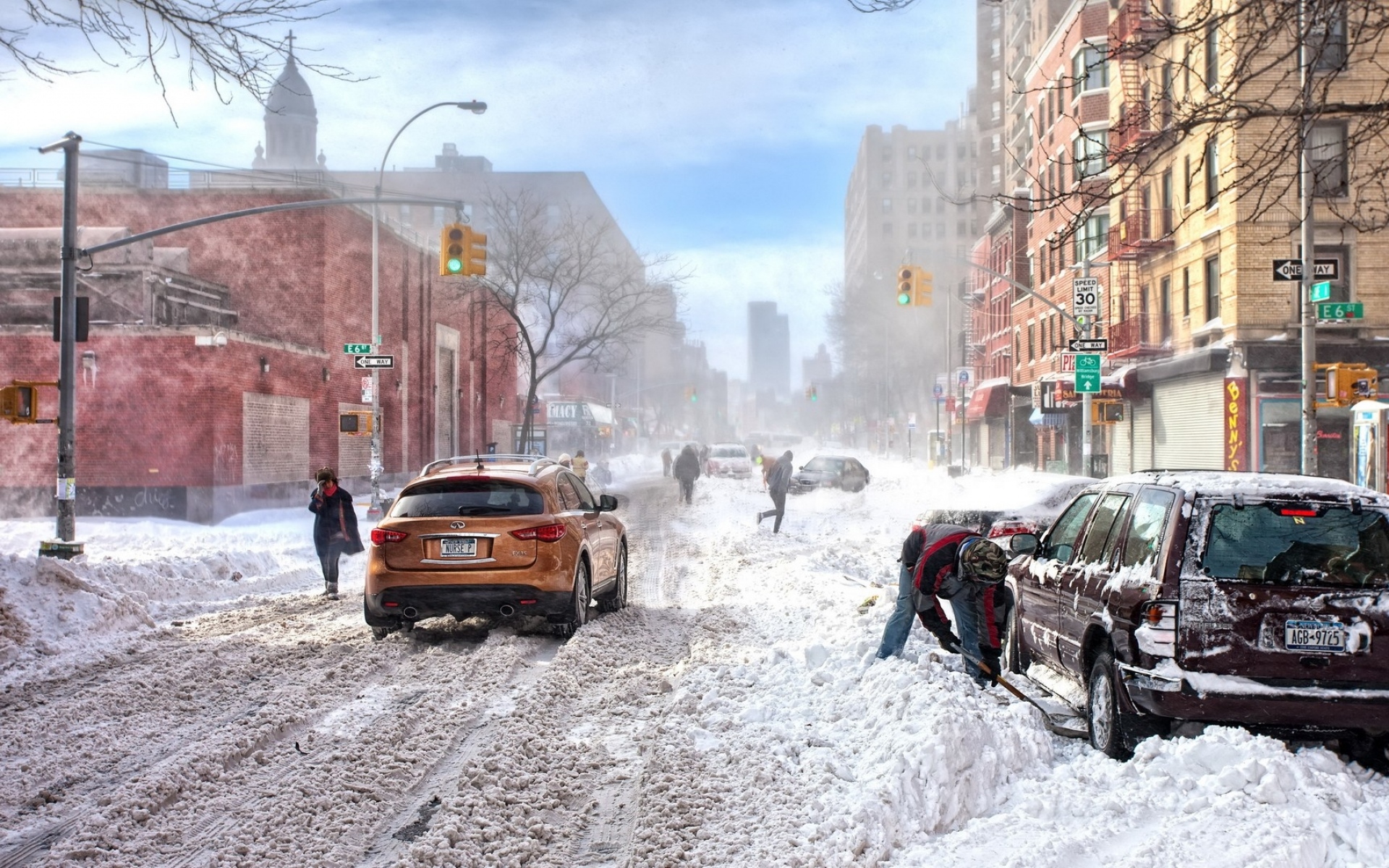 Картинки Нью-Йорк, зима, снег, автомобили, улица фото и обои на рабочий стол