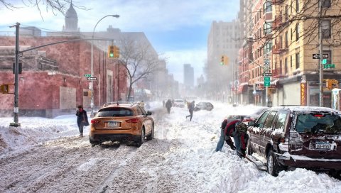 Нью-Йорк, зима, снег, автомобили, улица