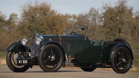 Aston martin, международный, 1929, зеленый, вид сбоку, ретро, ??деревья