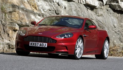 Aston martin, dbs, 2008, красный, вид спереди, камень, асфальт