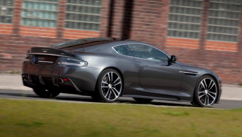 Aston martin, dbs, 2010, серый, вид сбоку, автомобили, трава, здание
