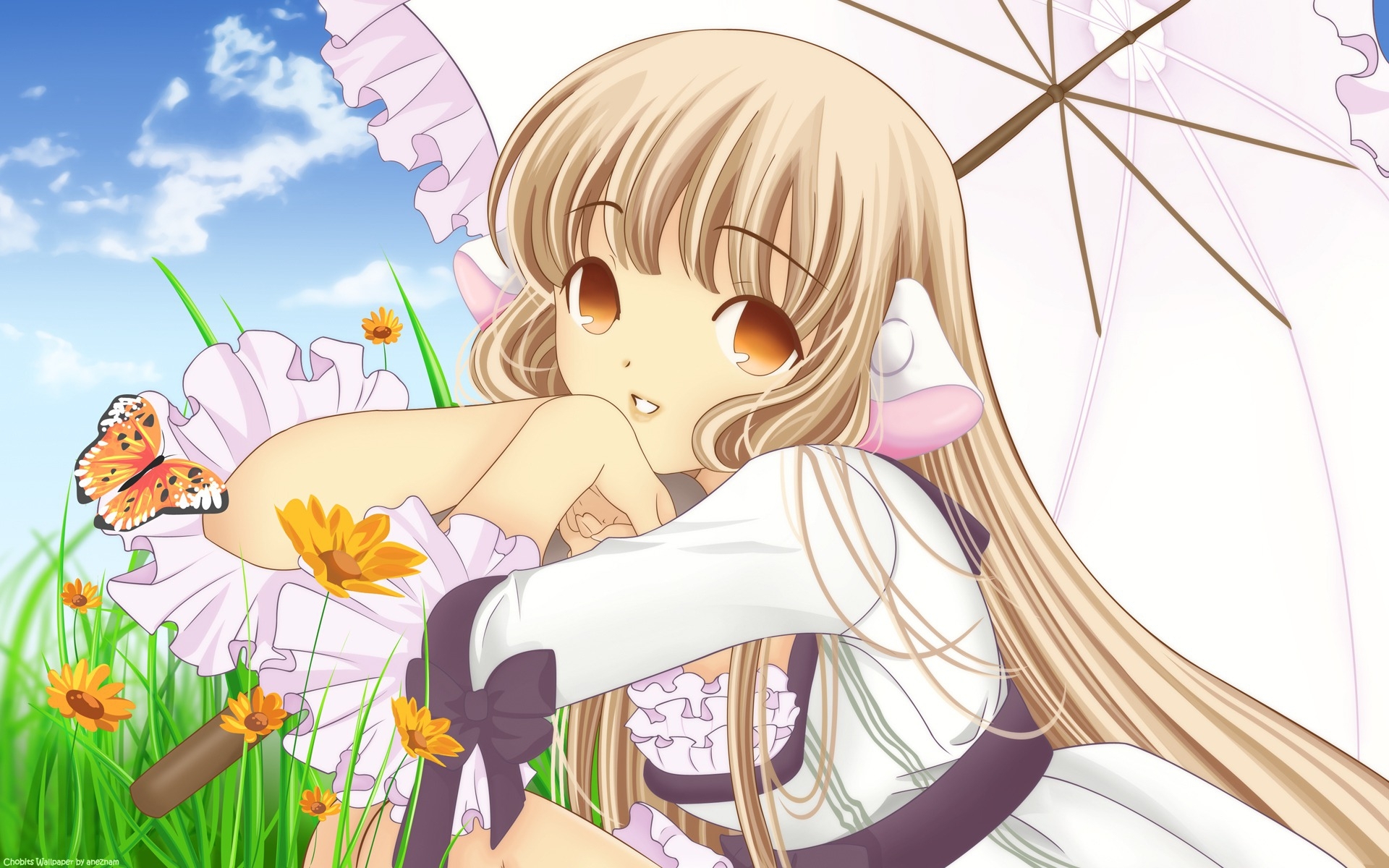 Картинки Chobits, девушка, блондинка, симпатичный, зонтик, поза фото и обои на рабочий стол