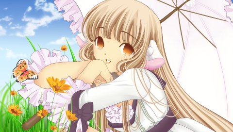 Chobits, девушка, блондинка, симпатичный, зонтик, поза