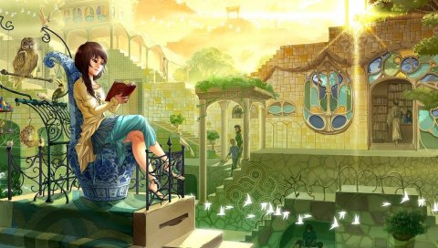 Девушка, брюнетка, книга, птицы, праздник
