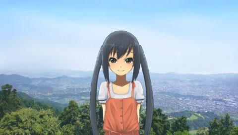 K на azusa nakano, девушка, брюнетка, взгляд, зеленый, улыбка