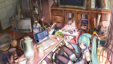 Hatsune miku, девушка, комната, компьютер, беспорядок