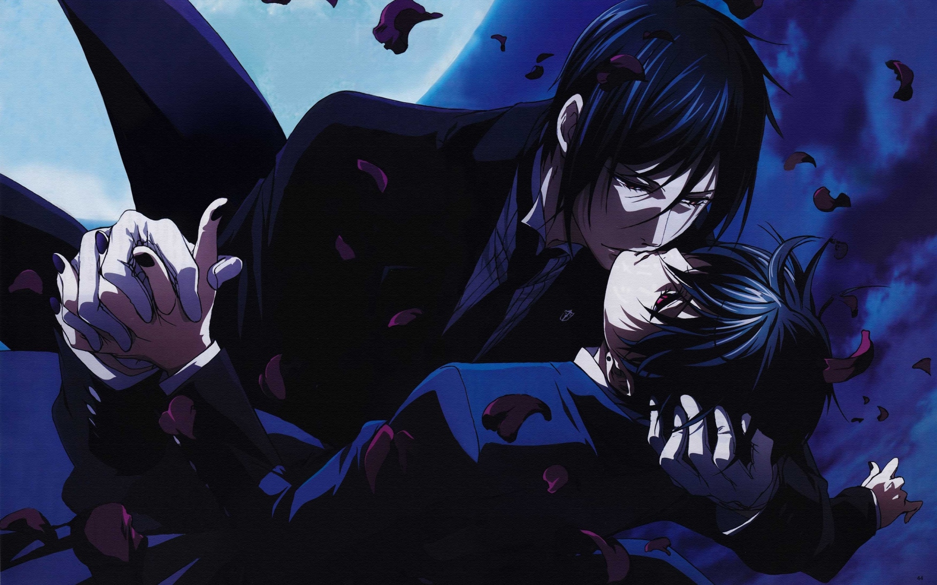 Картинки Kuroshitsuji, sebastian michaelis, ciel phantomhive, kiss, night, moon фото и обои на рабочий стол