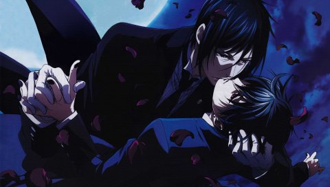 Kuroshitsuji, sebastian michaelis, ciel phantomhive, kiss, night, moon