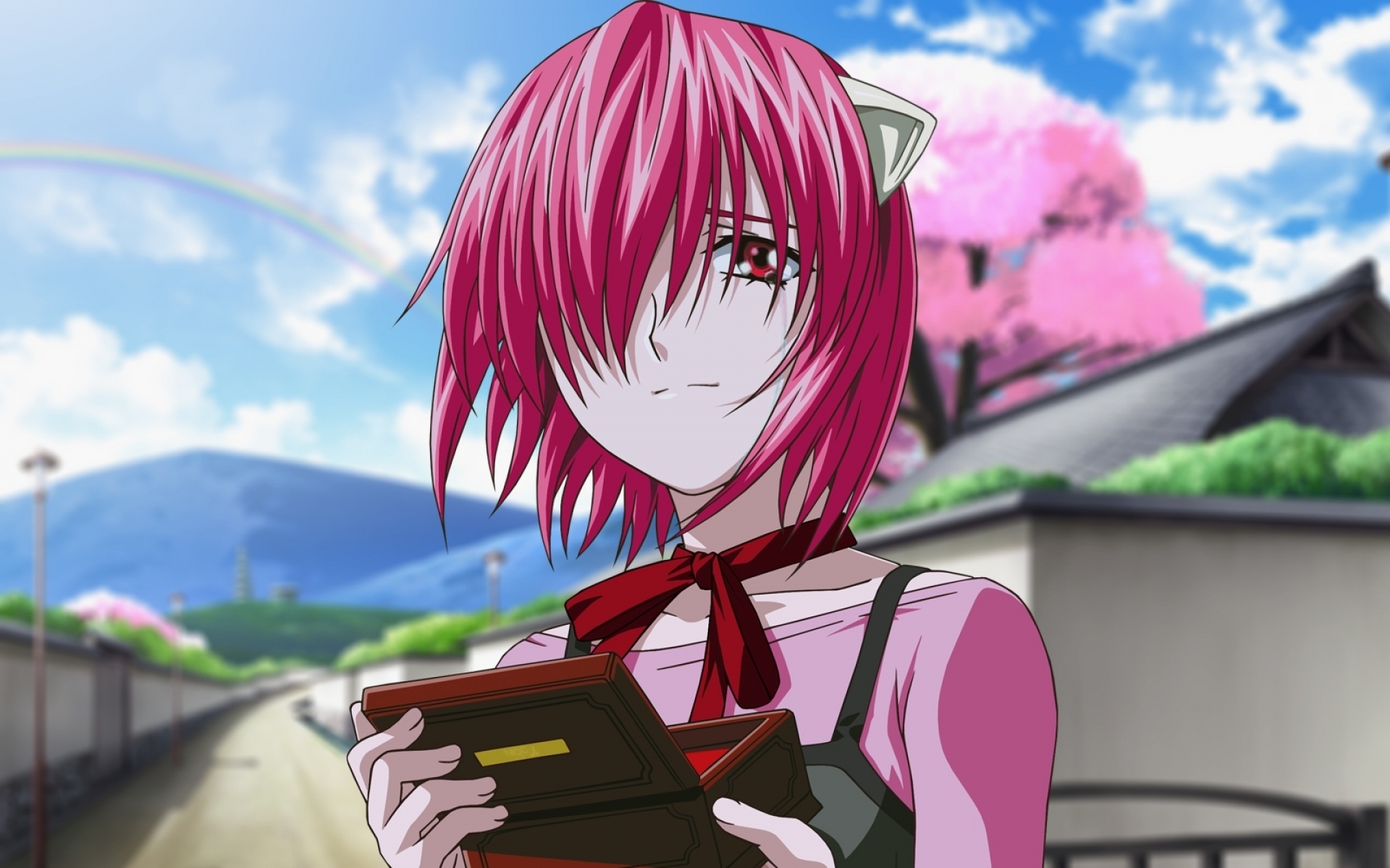Картинки Elfen lied, девушка, шкатулка для драгоценностей, взгляд, улица фото и обои на рабочий стол