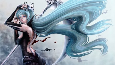 Hatsune miku, девушка, готика, коса, поза, череп