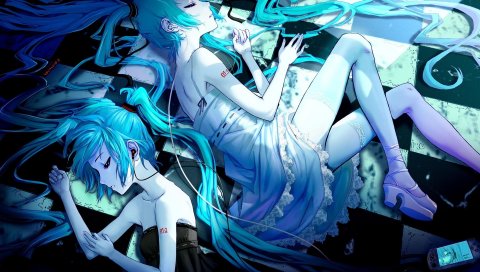 Hatsune miku, девушка, поза, наушники, печаль