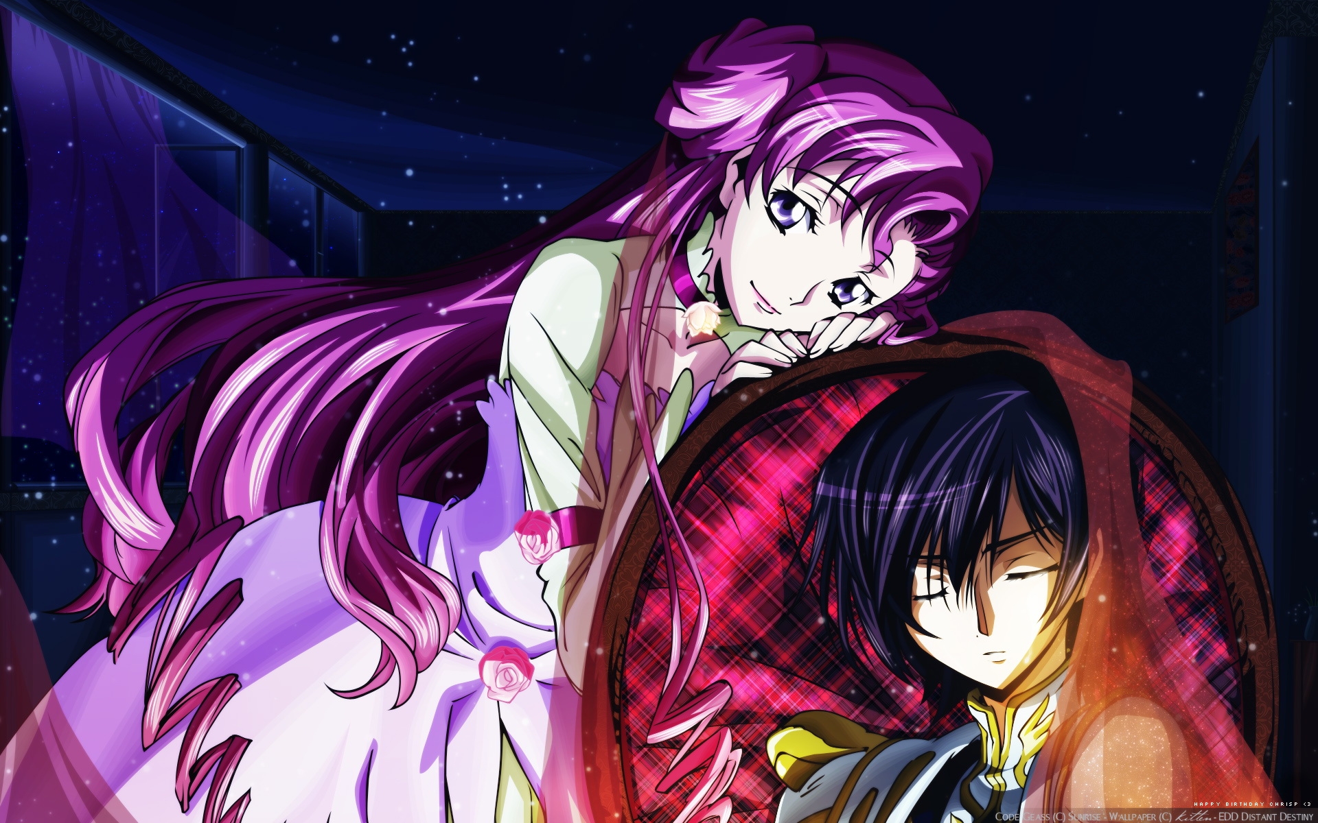 Картинки Код geass, мальчик, девушка, улыбка, ночь, стул фото и обои на рабочий стол