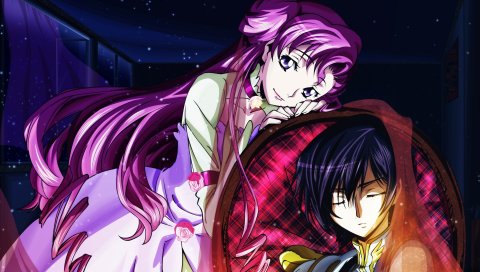 Код geass, мальчик, девушка, улыбка, ночь, стул