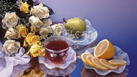 Розы, цветок, чай, груша, лимон
