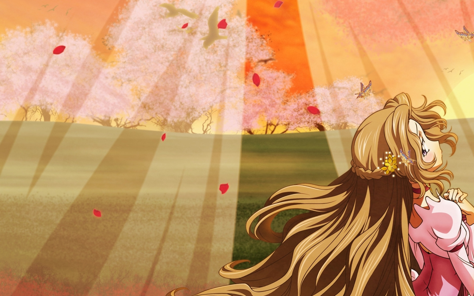 Картинки Код geass, девушка, брюнетка, волосы, лучи, природа фото и обои на рабочий стол
