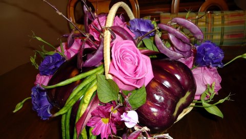 Розы, цветы, баклажаны, фасоль, композиция, корзина