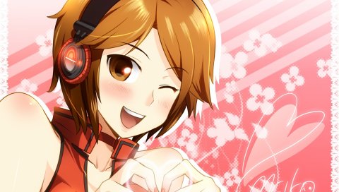 Meiko, девушка, карие глаза, подмигивание, наушники, лак для ногтей, сердце