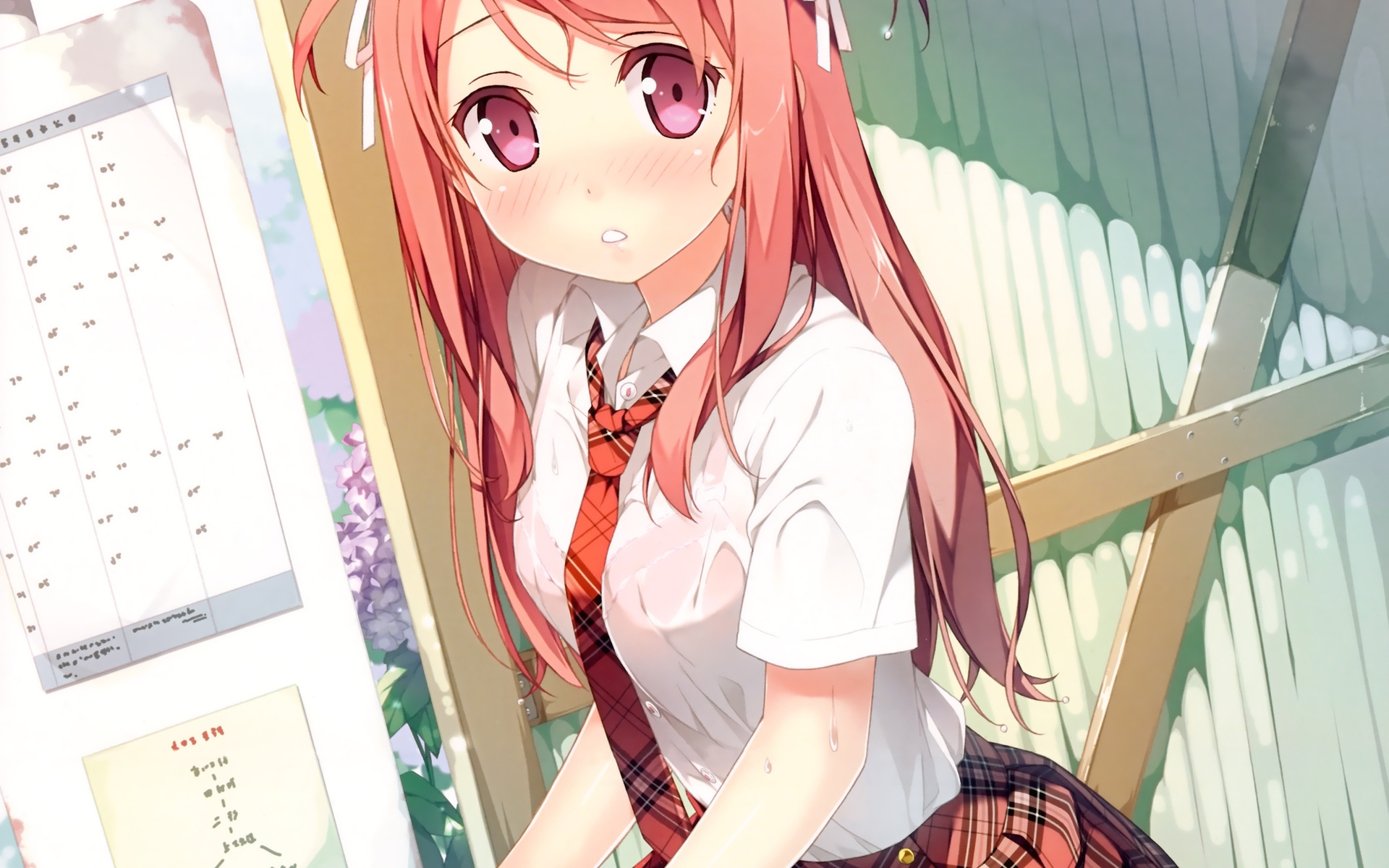 Картинки Nenme no houkago, kantoku kurumi, сидя, мокрый, рубашка фото и обои на рабочий стол