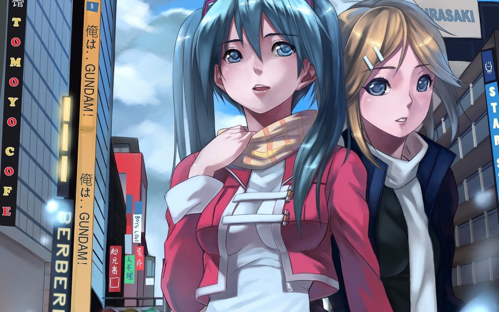 Картинки Hatsune miku, город, девушка, наушники, аниме фото и обои на рабочий стол