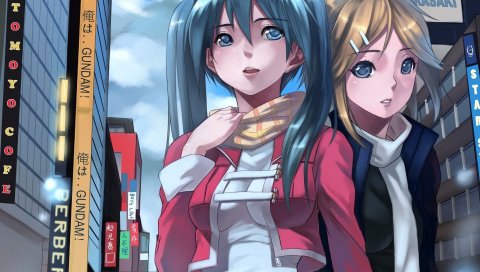 Hatsune miku, город, девушка, наушники, аниме