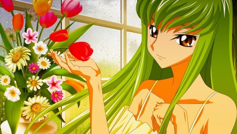 Код geass, девушка, сладкий, волосы, зеленый, букет