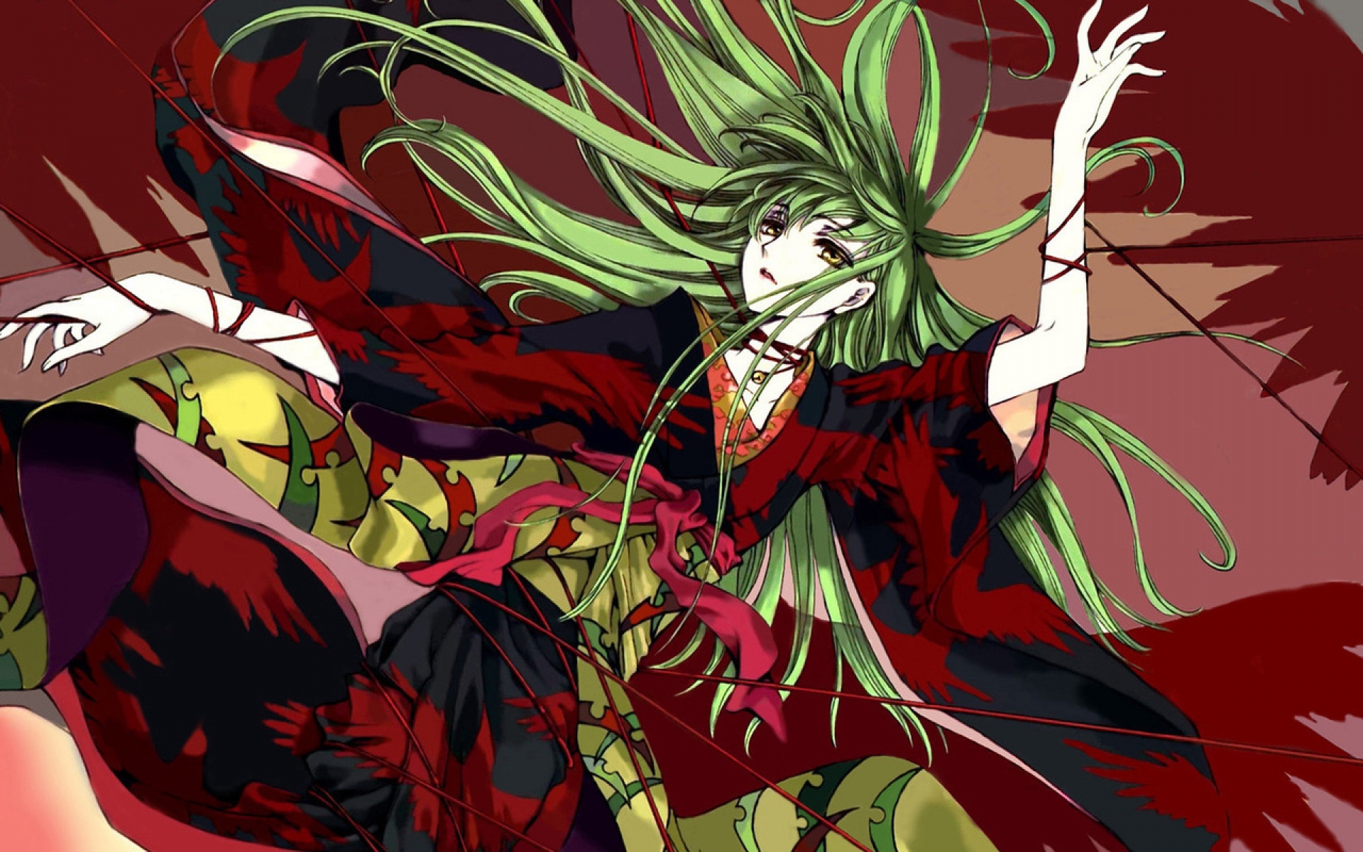 Картинки Код geass, девушка, волосы, зеленый, полет, движение, кимоно фото и обои на рабочий стол