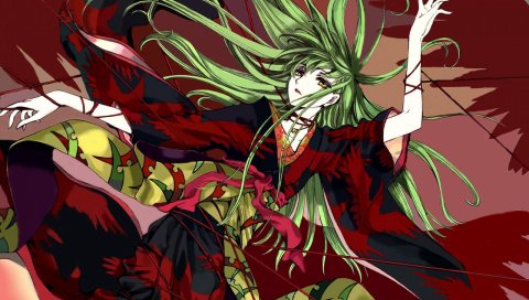 Код geass, девушка, волосы, зеленый, полет, движение, кимоно