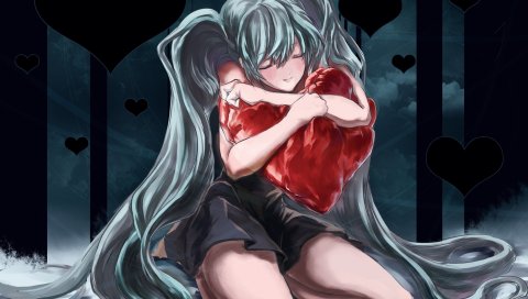 Hatsune miku, любовь, аниме, сердце, обнять