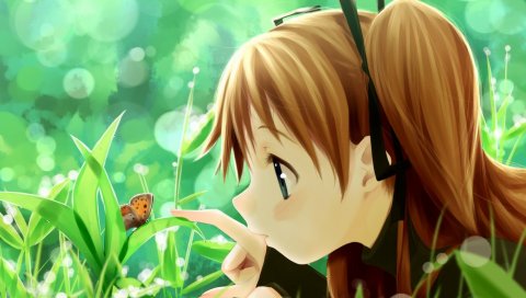 Девушка, лето, бабочка, аниме, трава, интерес