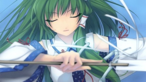 Kochiya sanae, девушка, спокойствие, медитация, палка, небо
