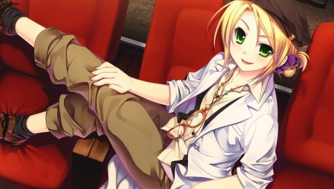 Sora no mukou de sakimasu you ni, сидит, блондинка, девушка, очки, улыбаясь
