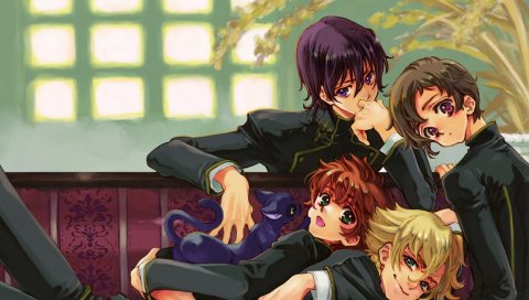 Код geass, аниме, толпа, улыбаясь, кошка