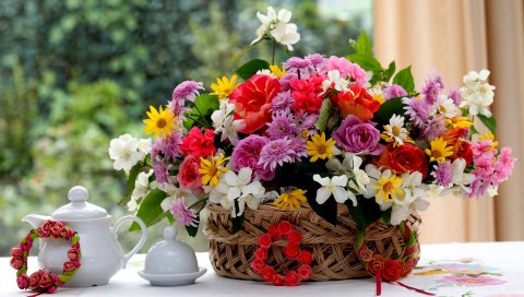 Розы, хризантемы, цветы, стол, корзина, великолепный, божественный