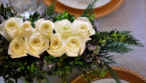 Роза, белый, композиция, сервировка, стол