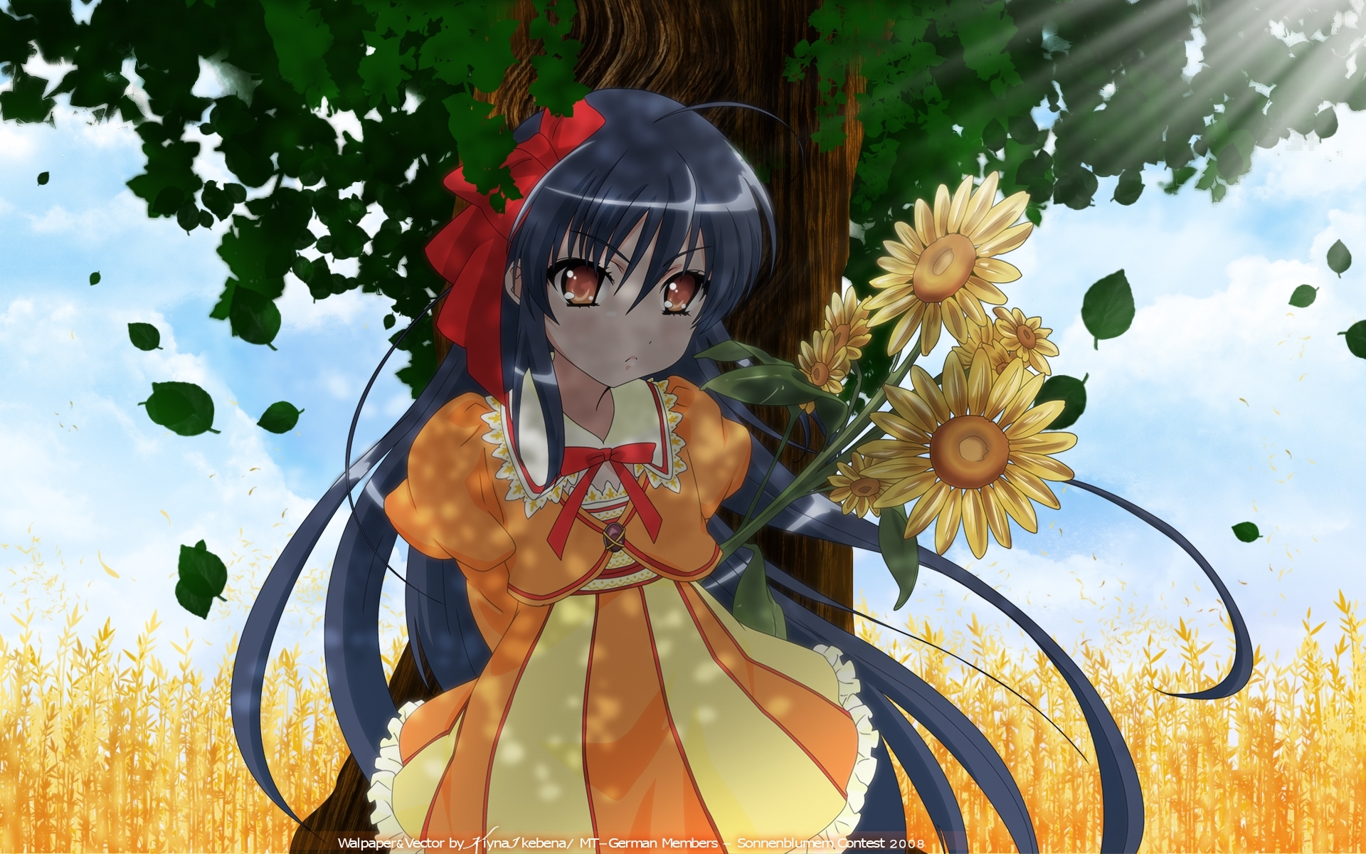 Картинки Shakugan no shana, девушка, брюнетка, дерево, подсолнечник, тень фото и обои на рабочий стол