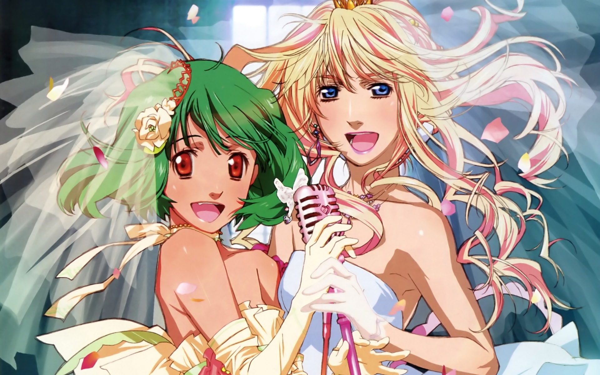 Картинки Macross frontier, девушки, невесты, микрофон, вуаль фото и обои на рабочий стол