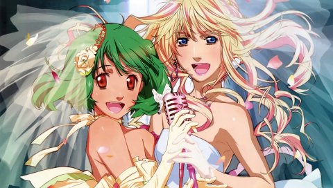 Macross frontier, девушки, невесты, микрофон, вуаль